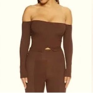 NAKED WARDROBE Off The Shoulder Cropped Long Sleeve Top NWOT